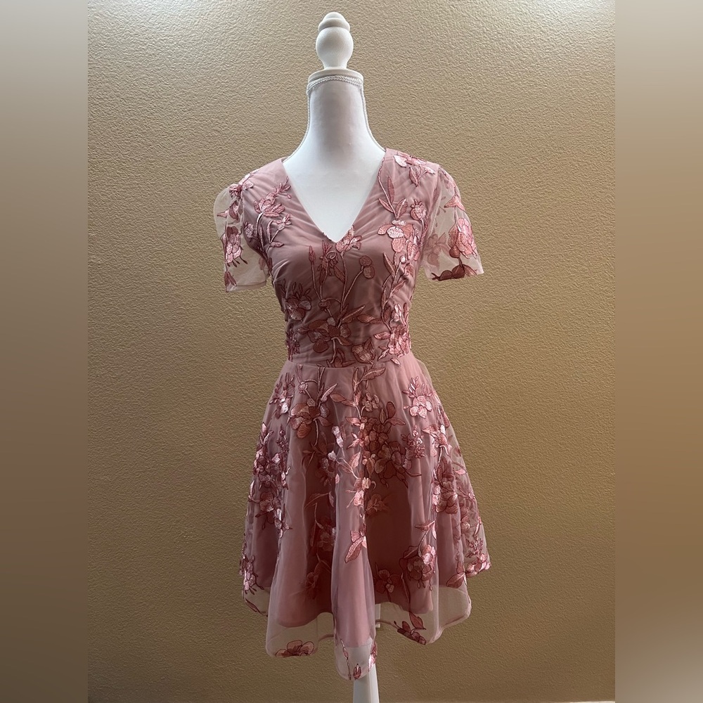 Pink Floral Embroidered Lace Up Dress